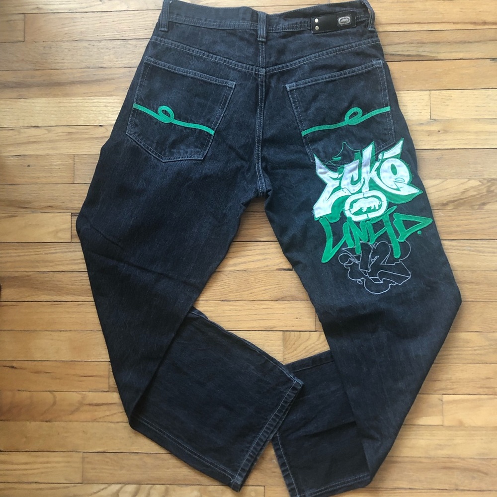 Men's Black Jeans with Green Accents